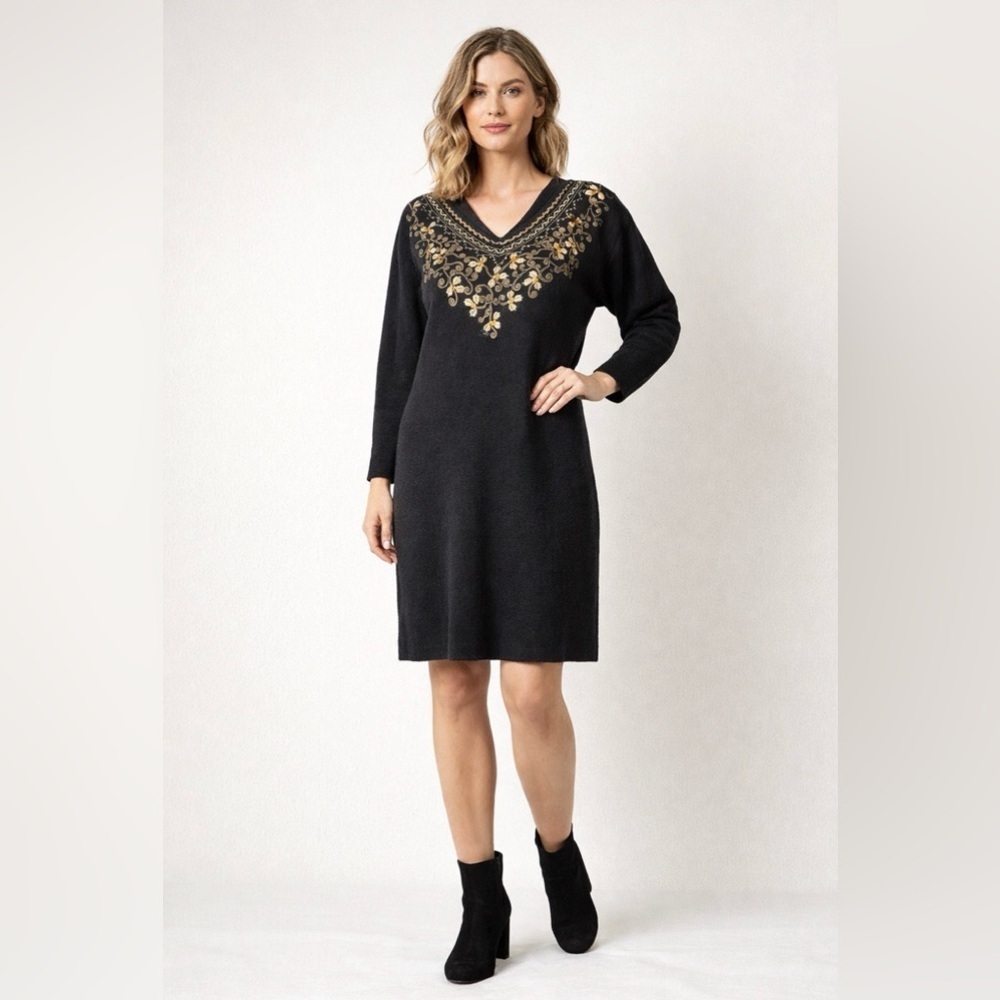 Vintage Carole Little Black Embroidered Sweater Dress Wool Blend Knee Length M